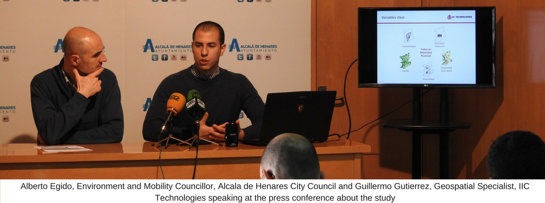 Alberto Egido, Environment and Mobility Councillor, Alcala de Henares City Council and Guillermo Gutierrez, Geospatial Specialist, IIC Technologies speaking at the press conference about the study 