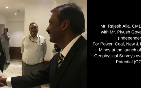 Mr. Rajesh Alla, CMD, IIC Technologies with Mr. Piyush Goyal, Minister of State (Independent charge) For Power, Coal, New & Renewable energy and Mines at the inaugural of Multi-Sensor Aero-Geophysical Surveys over Obvious Geological Potential (OGP) Areas. 